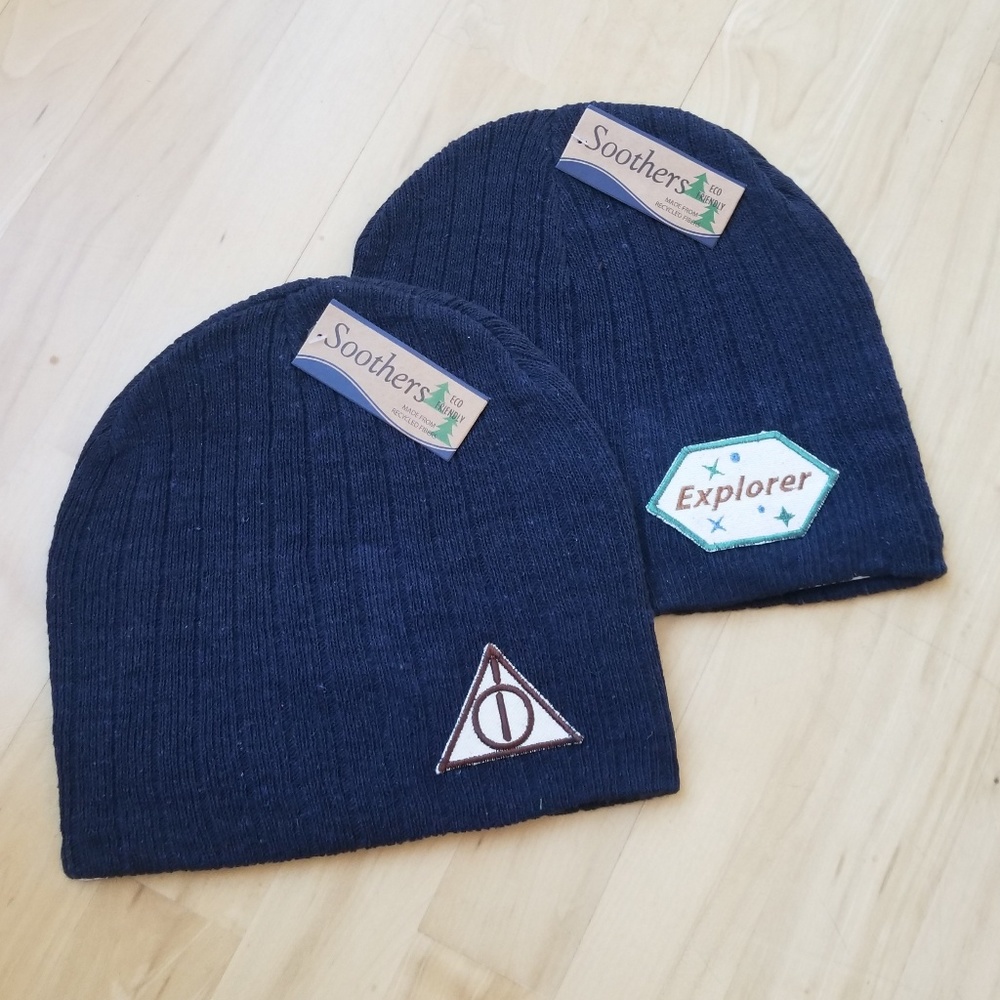Navy Knit Beanie Hat with Embroidered Patch